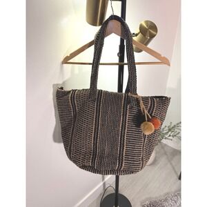 Anabaglish Large Woven Jute Striped Tote Bag Black Tan Pom Pom Charms Boho